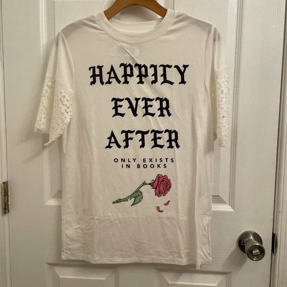 Disney White Happily Ever After Only Exists in Books Lace Sleeve Top Size S